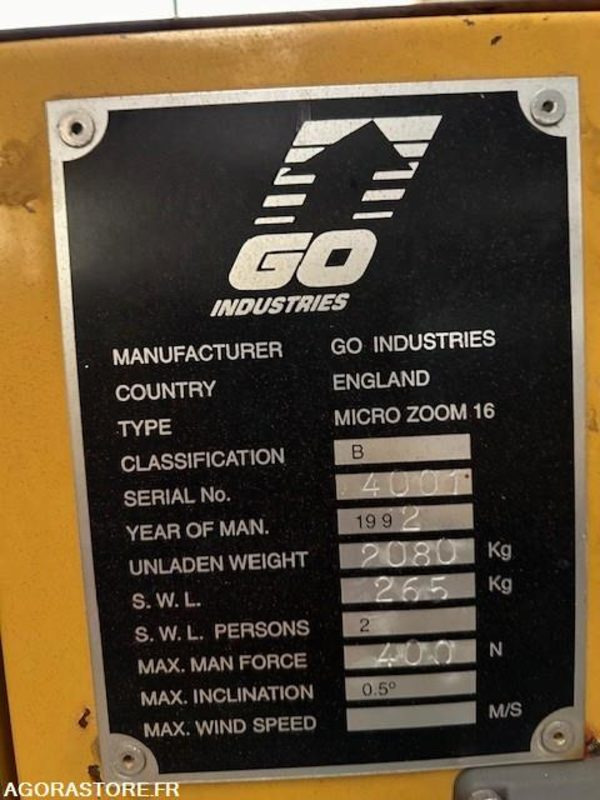 Hoogwerker NACELLE SUR REMORQUE GO INDUSTRIE MICRO ZOOM 16 - 1992