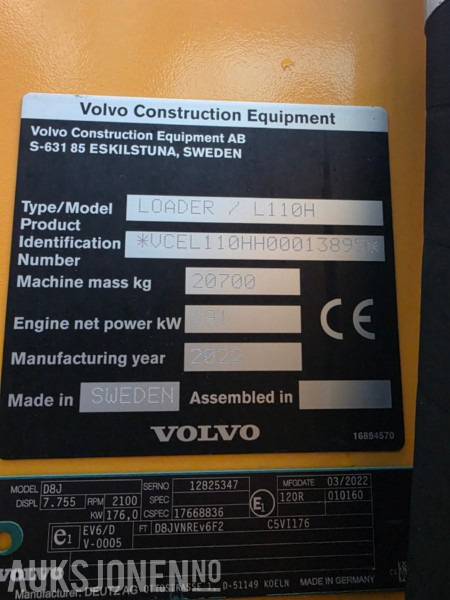Wiellader 2022 Volvo L110H hjullaster kun 852 timer