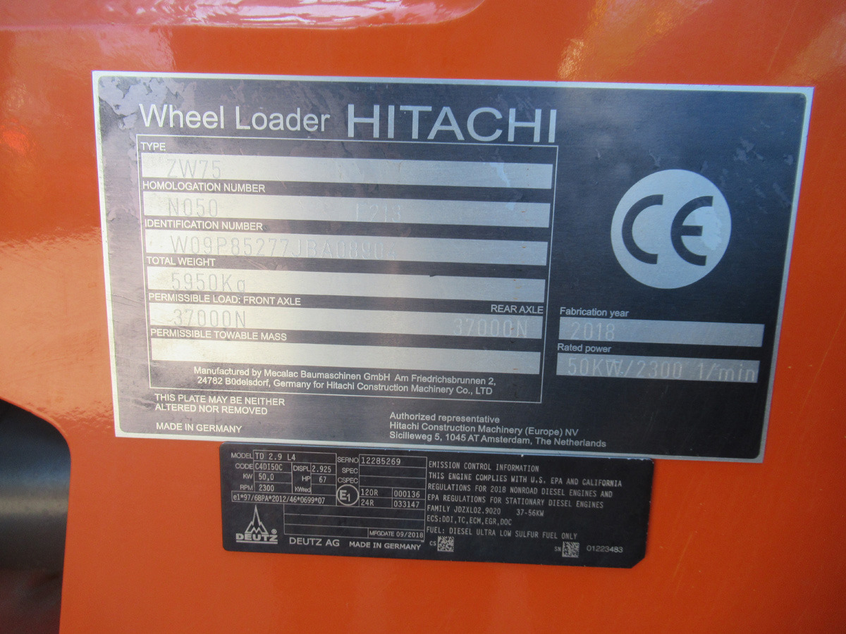 Wiellader Hitachi ZW75 Schaufel Gabel EPA Sticker