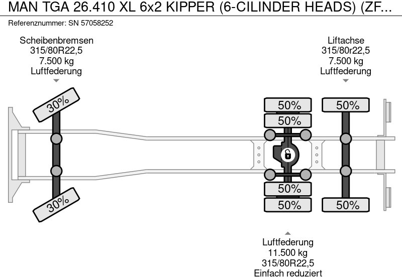 Kipper vrachtwagen MAN TGA 26.410 XL 6x2 KIPPER (6-CILINDER HEADS) (ZF16 MANUAL GEARBOX / LIFT-AXLE / HYDRAULIC KIT / AIRCONDITIONING)