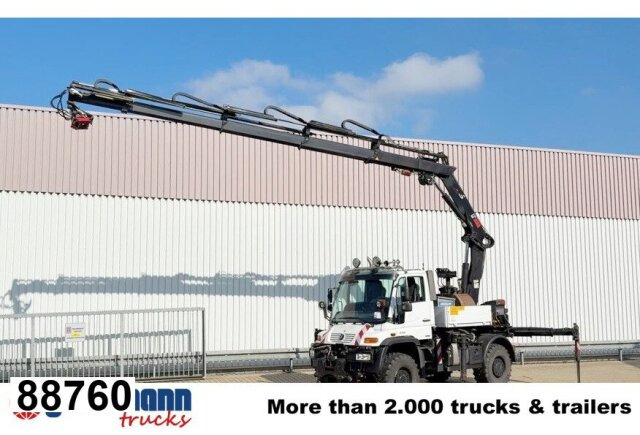 Unimog U400 4x4, Frontzapfwelle, Heckkran Hiab XS - Vrachtwagen met open laadbak, Kraanwagen: afbeelding 1 Unimog U400 4x4, Frontzapfwelle, Heckkran Hiab XS - Vrachtwagen met open laadbak, Kraanwagen: afbeelding 1