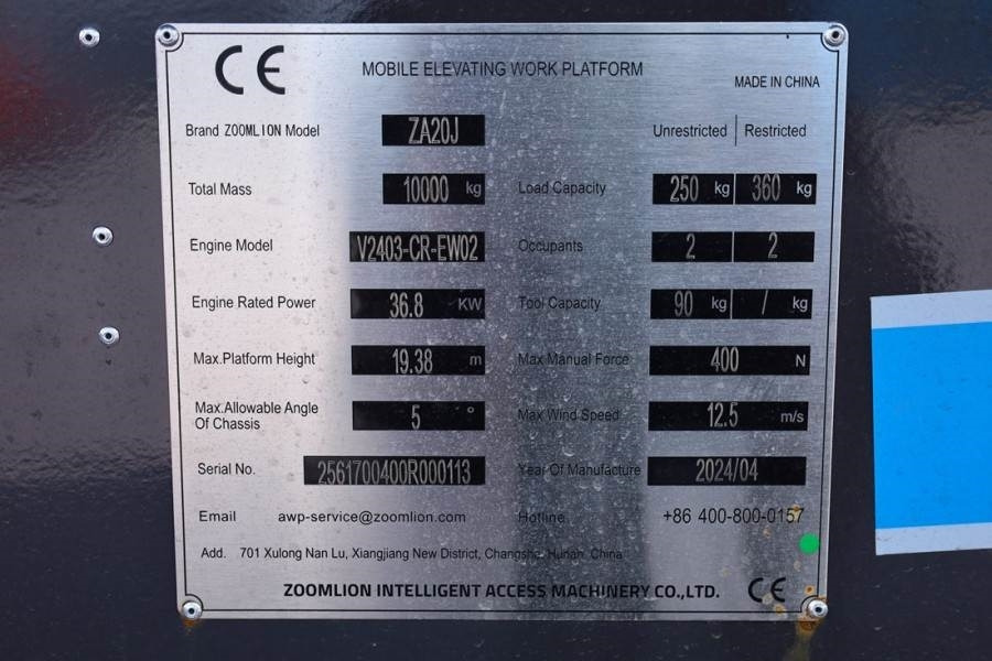 Knikarmhoogwerker Zoomlion ZA20J NEW / UNUSED, Valid Inspection, *Guarantee!: afbeelding 6