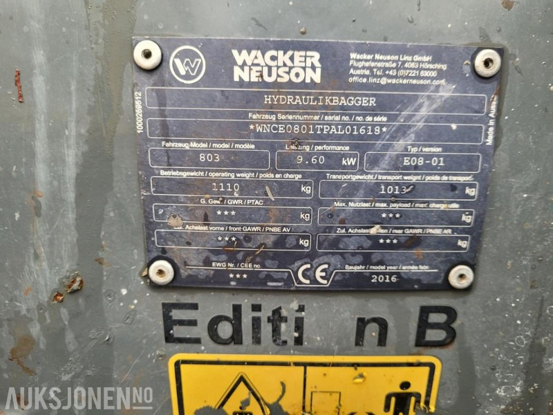 Minigraafmachine 2016 Wacker Neuson 803 Dual Power, 2 skuffer, Elektro-hydraulisk aggregat (HPU): afbeelding 7