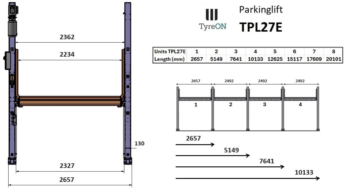TPL27E-1 2.7T car parking lift - electric release of safety locks - no air pressure required - 2 columns - 2 cars - Werkplaats toebehoor: afbeelding 5 TPL27E-1 2.7T car parking lift - electric release of safety locks - no air pressure required - 2 columns - 2 cars - Werkplaats toebehoor: afbeelding 5