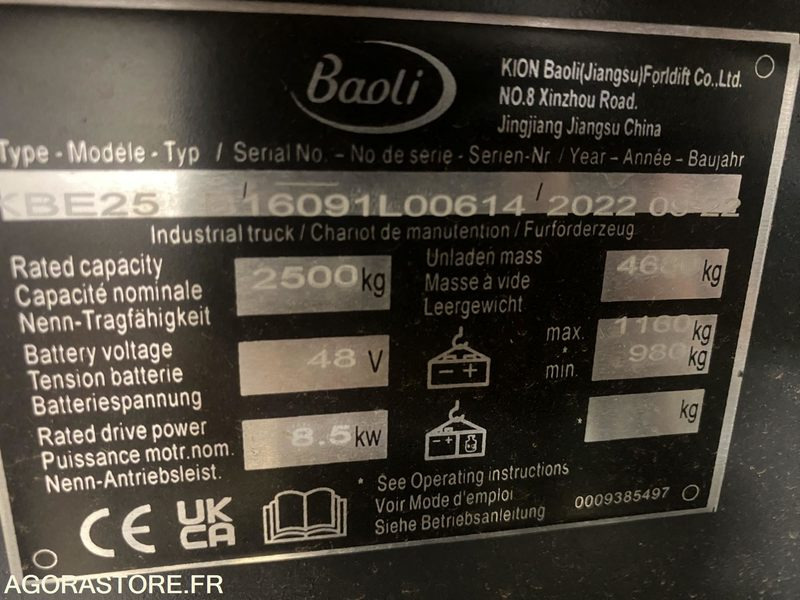 Chariot élévateur BAOLI KBE25N 2T5 ELECTRIQUE CABINE - Elektrische heftruck: afbeelding 4 Chariot élévateur BAOLI KBE25N 2T5 ELECTRIQUE CABINE - Elektrische heftruck: afbeelding 4