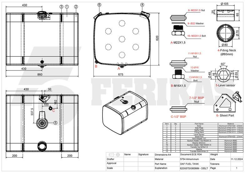 Nieuw Brandstoftank voor Vrachtwagen DAF New aluminum fuel tank 335L: afbeelding 9