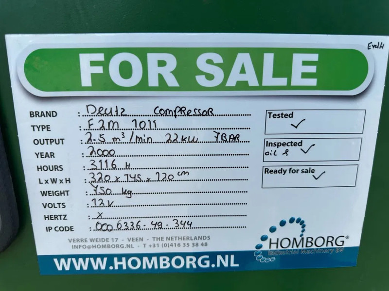 Luchtcompressor Deutz F2M 1011 Mobiele Diesel Compressor 2.5 m3 / min 22 kW 7 Bar Aanhanger: afbeelding 17