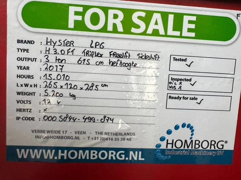 LPG heftruck Hyster H3.0FT 3 ton Triplex Freelift Sideshift LPG Heftruck 2017: afbeelding 19